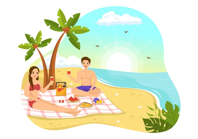 Pareja disfrutando de un picnic en la playa  Ilustración