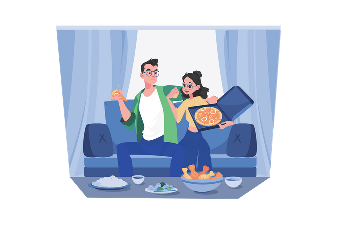 Pareja disfrutando de pizza en casa  Ilustración