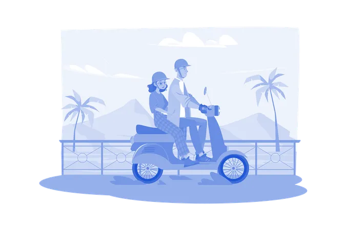 Pareja disfrutando de un largo viaje en scooter  Ilustración