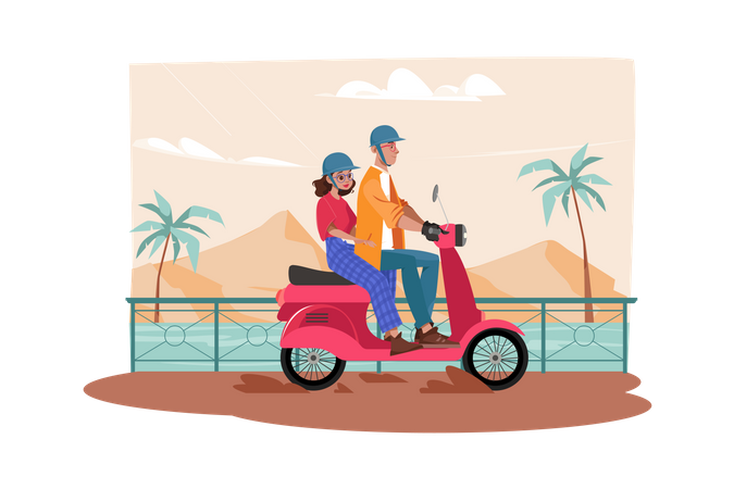 Pareja disfrutando de un largo viaje en scooter  Ilustración