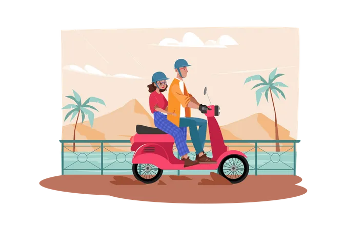 Pareja disfrutando de un largo viaje en scooter  Ilustración