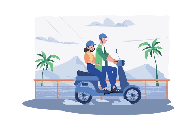 Pareja disfrutando de un largo viaje en scooter  Ilustración