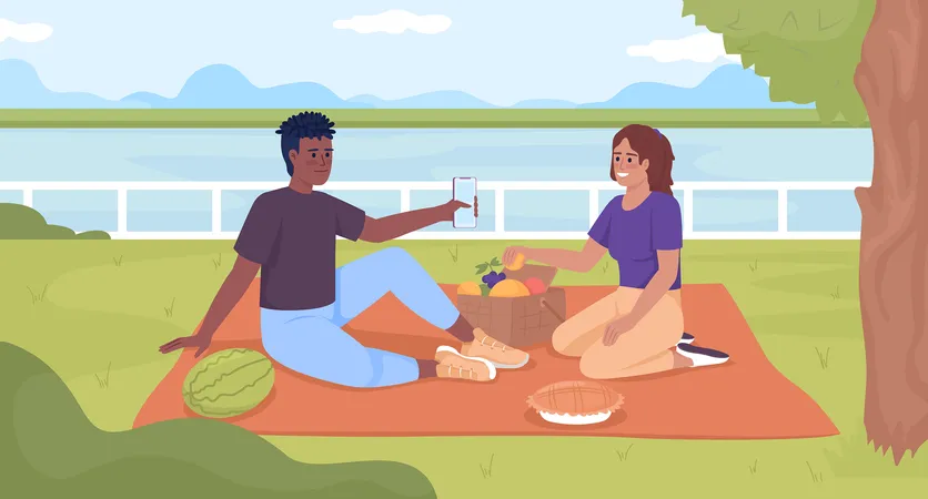 Pareja disfrutando de una romántica cita de picnic  Ilustración