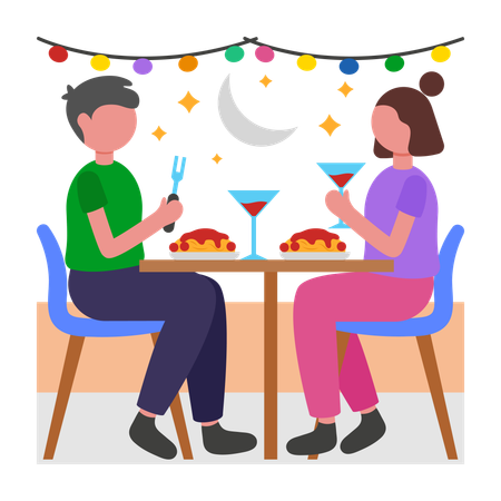 Pareja disfrutando de una cena al aire libre  Ilustración