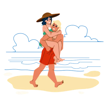 Pareja disfrutando de vacaciones en la playa  Ilustración