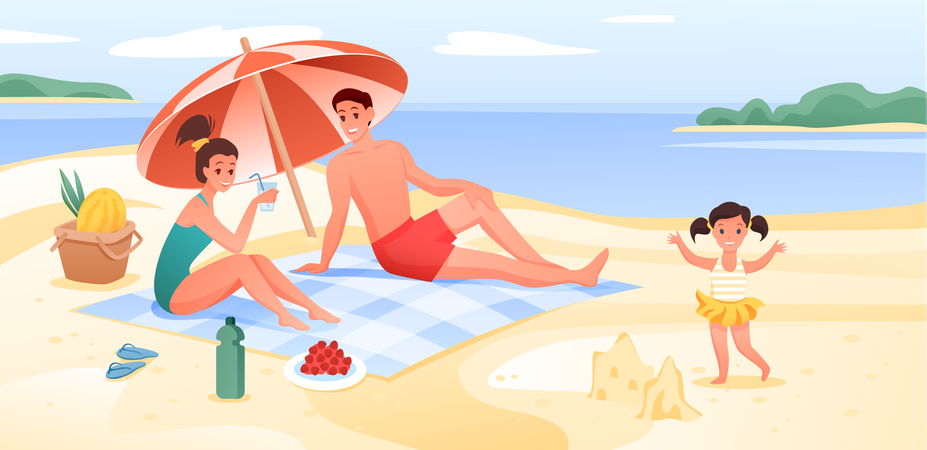 Pareja disfrutando de unas vacaciones en la playa  Ilustración