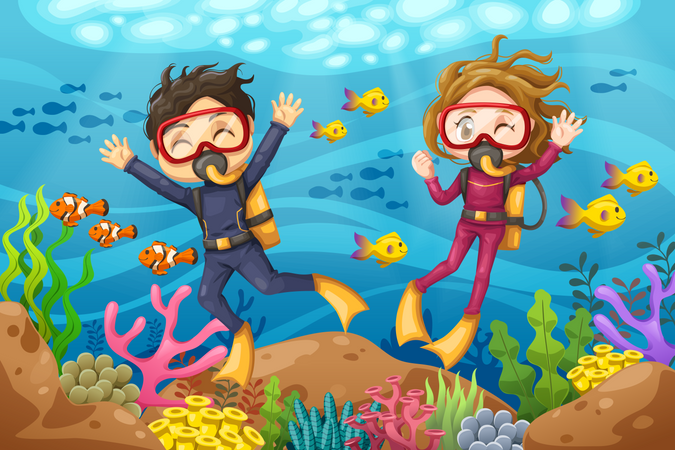 Pareja disfrutando del buceo bajo el agua  Ilustración