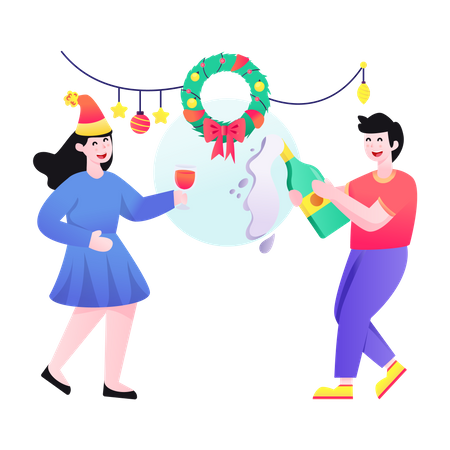 Pareja disfrutando del vino en año nuevo  Illustration