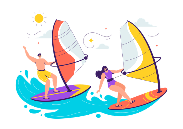 Pareja disfrutando del windsurf  Ilustración