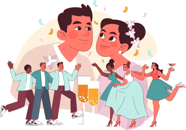 Pareja disfrutando en la fiesta de bodas  Ilustración