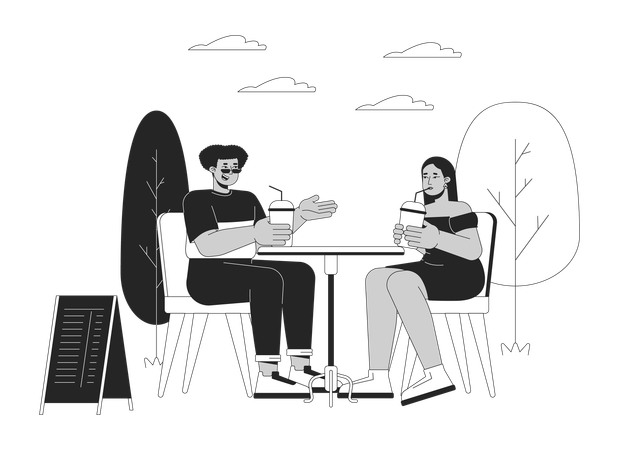 Diversos pares de personas de talla grande en la cafetería.  Ilustración