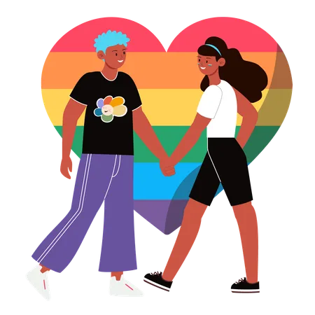 Pareja diversa tomados de la mano frente al orgullo LGBT del corazón del arco iris  Ilustración