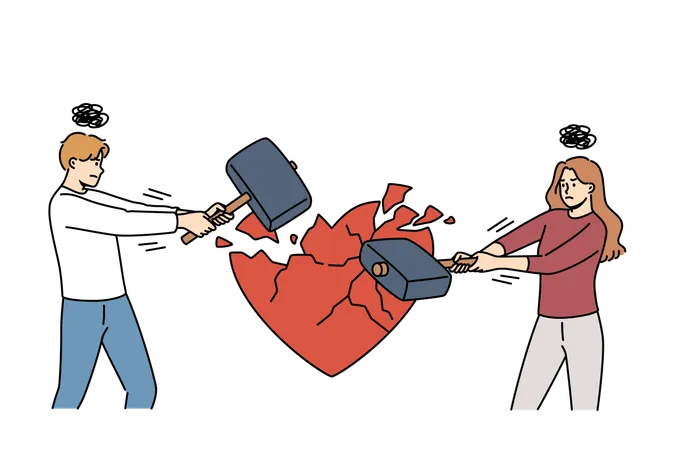 Pareja divorciada rompiéndose el corazón con un martillo  Ilustración