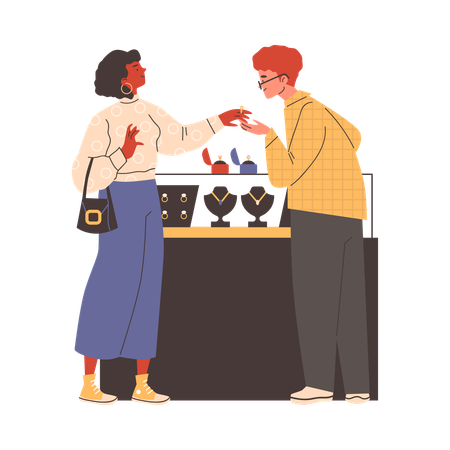 Pareja eligiendo un anillo en una joyería de lujo  Illustration