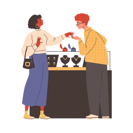 Pareja eligiendo un anillo en una joyería de lujo  Illustration