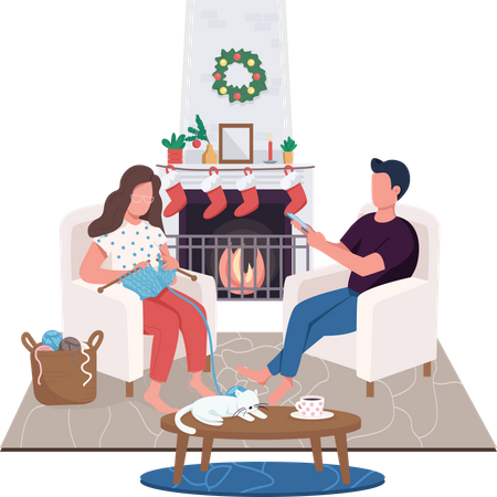 Pareja en la chimenea de casa  Ilustración