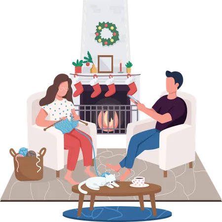 Pareja en la chimenea de casa  Ilustración