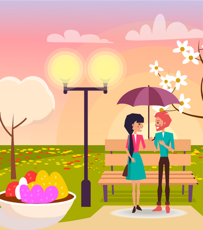 Pareja en el parque y sosteniendo paraguas  Ilustración