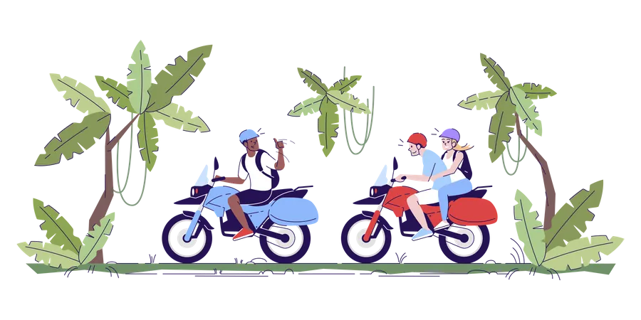 Personas En Motocicletas Turistas Andando En Bicicleta En La Jungla Pareja De Excursion Con Guia En El Bosque Ilustración