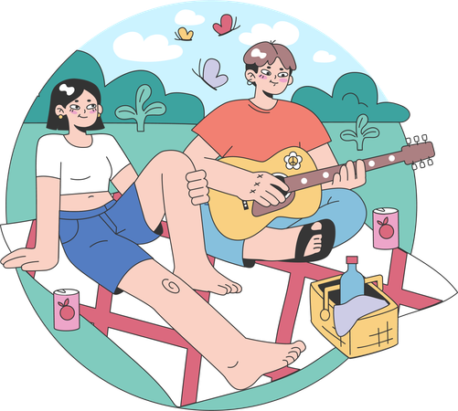 Pareja en el lugar de picnic  Ilustración