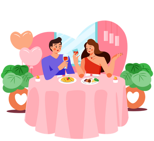 Pareja en una cena romántica en un restaurante  Ilustración