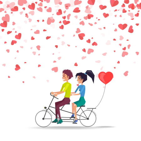 Hombre Y Mujer Montando En Bicicleta Con Un Globo Rojo De Vector Aislado En Forma De Corazon Feliz Pareja En Tarjeta De Felicitacion Simbolos Voladores De Amor Citas Romanticas Ilustración
