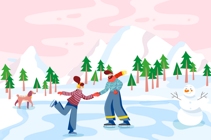 Una pareja amorosa patinando en un lago congelado  Ilustración