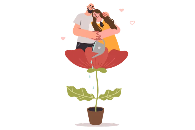 Una pareja enamorada se encarga de crear plantas de riego familiares fuertes para lograr una relación confiable  Ilustración