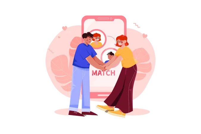 Una pareja encuentra la pareja perfecta en una aplicación de citas online  Ilustración