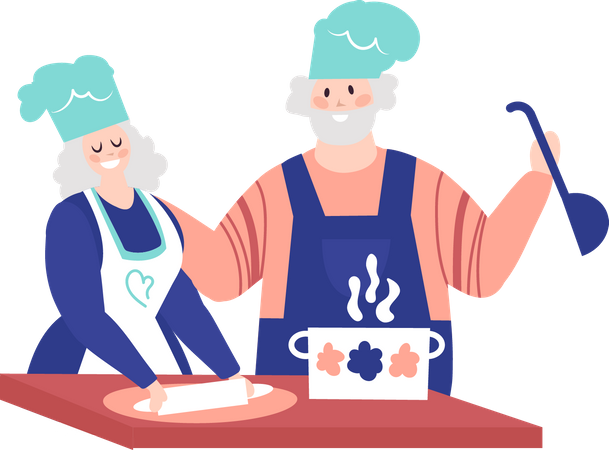 Pareja de ancianos cocinando  Ilustración