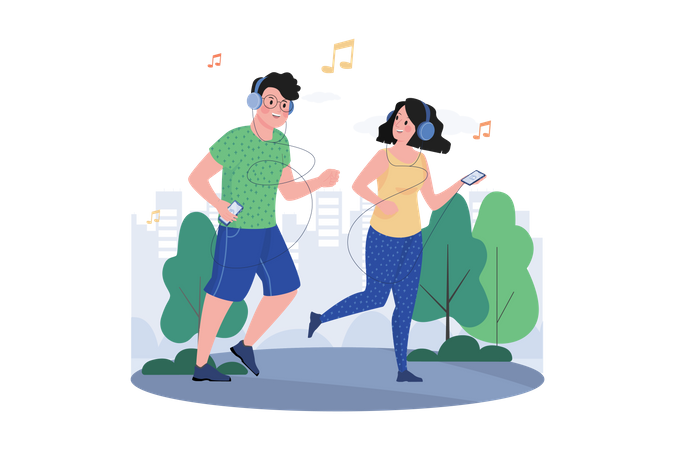 Pareja escuchando el podcast mientras hace jogging en el parque  Ilustración