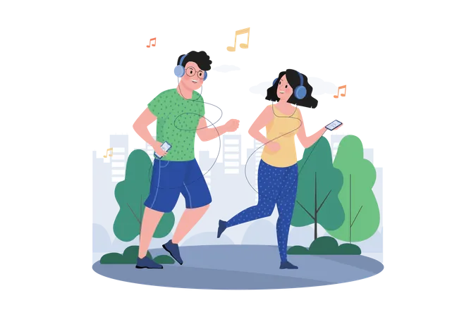 Pareja escuchando el podcast mientras hace jogging en el parque  Ilustración