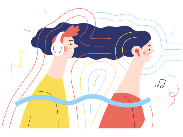 Pareja escuchando podcast con auriculares  Ilustración