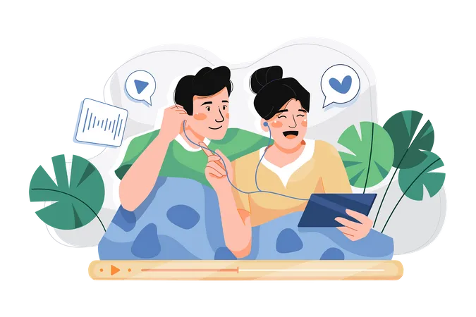 Pareja escuchando programa de podcast  Ilustración