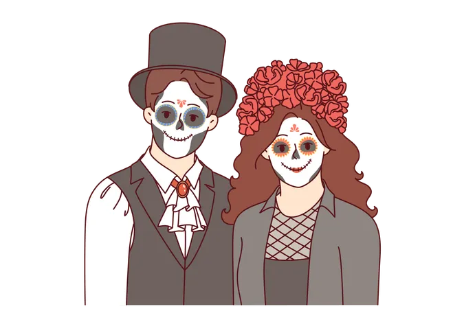 Una pareja espeluznante disfrazada para celebrar Halloween y crear una atmósfera espeluznante en la fiesta nocturna  Ilustración