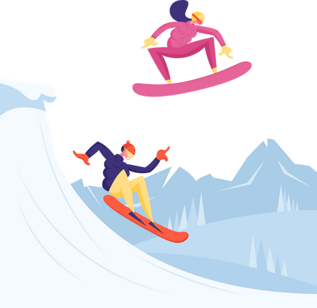 Pareja esquiando juntos  Ilustración