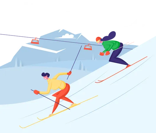 Gente Esquiando Esquiadores Hombre Y Mujer Montando Cuestas En La Temporada De Invierno Estilo De Vida De Actividad Deportiva En Mountain Resort Con Nieve Y Funicular Ilustracion De Vector Plano De Dibujos Animados De Recreacion De Clima Frio Ilustración