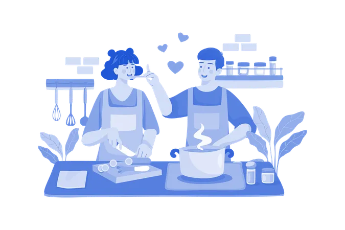 La pareja está cocinando juntos  Ilustración