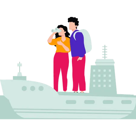 La pareja está de vacaciones en un barco  Ilustración