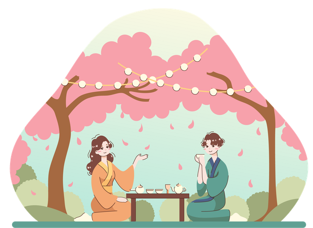 La pareja disfruta de un picnic  Ilustración