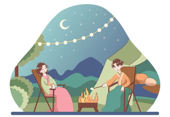 La pareja disfruta de la fogata del campamento  Ilustración