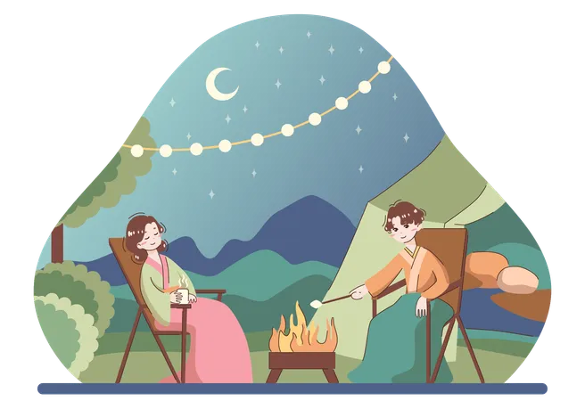 La pareja disfruta de la fogata del campamento  Ilustración