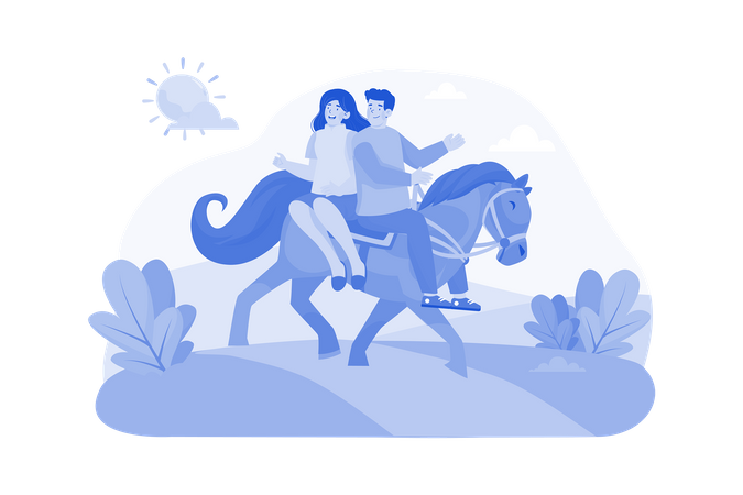 La pareja disfruta montando a caballo  Ilustración