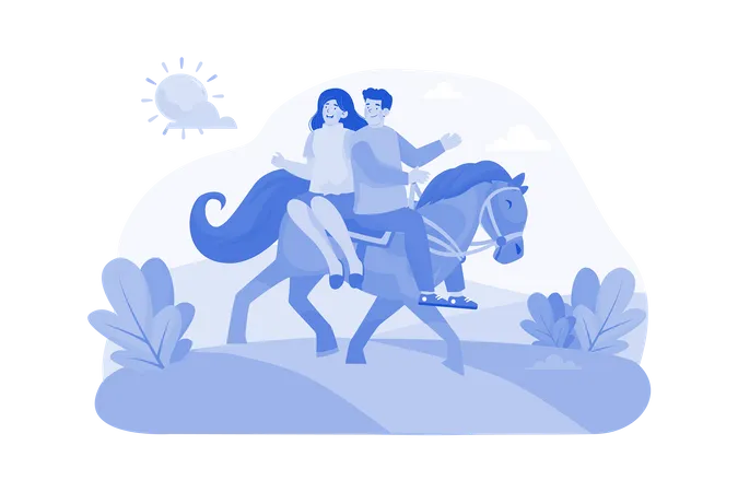 La pareja disfruta montando a caballo  Ilustración