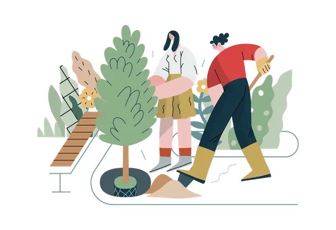 La pareja está haciendo jardinería  Illustration