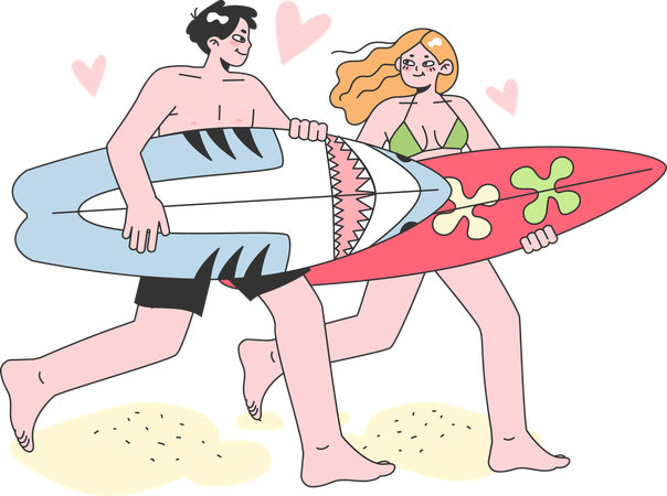 La pareja está haciendo surf a bordo.  Ilustración