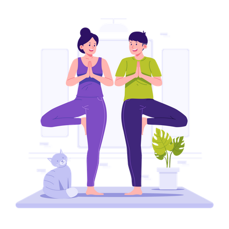 La pareja está haciendo yoga juntos  Ilustración
