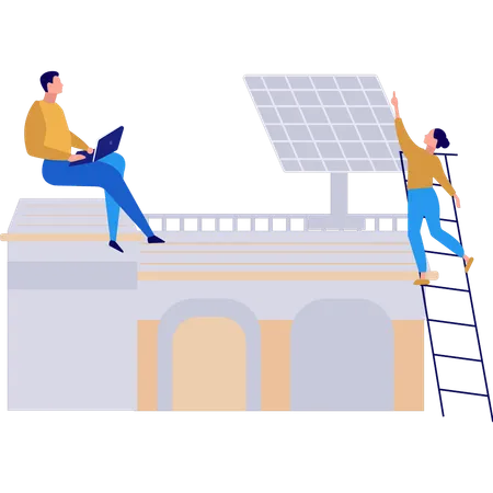 La pareja está trabajando en el techo con energía solar.  Ilustración