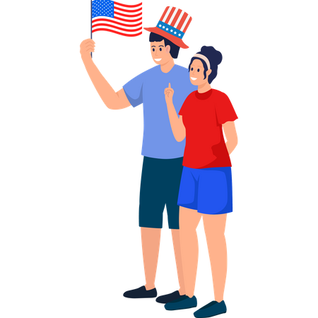 Pareja americana sosteniendo la bandera  Ilustración