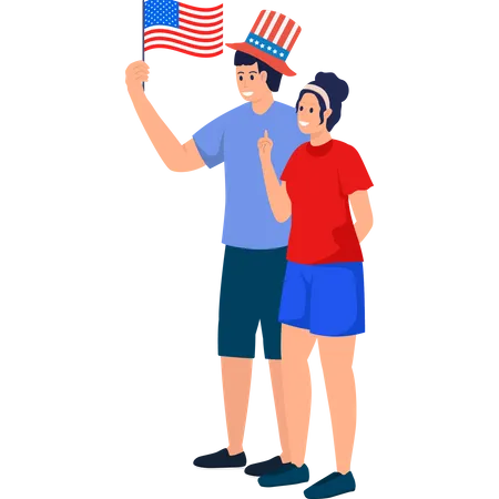 Pareja americana sosteniendo la bandera  Ilustración